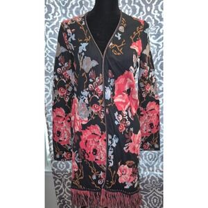 INC International Concepts women's black cardigan pink flower print fringe sz. M